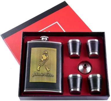 Подарунковий набір 6в1 фляга з набійкою 'Johnnie Walker' (обтягнута шкірою), 4 чарки, лійка TZ-5