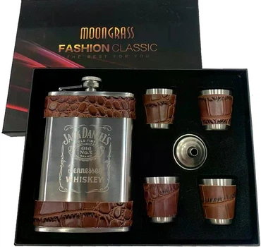 Подарунковий набір 6в1 фляга (обтягнута шкірою), 4 чарки, лійка 'Jack Daniels' DJH-1499-1