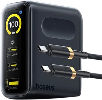 Зарядний пристрій Baseus 100W GaN з екраном, багатопортовий зарядний пристрій Type-C для ноутбука, планшета Apple iPhone 17 серії Xiaomi 90W, чорний, штекер