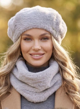 Женский комплект Кейт из экомеха альпака, берет и бафф 798-017 серый