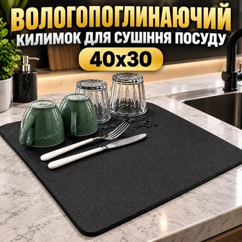 Антискользящий влагопоглощающий кухонный коврик для сушки посуды 40х30 из полиуретана черный