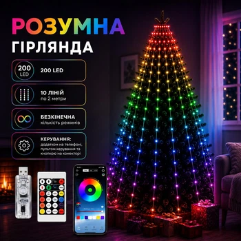 Умная светодиодная гирлянда Smart RGB 10 нитей по 2 м 200 LED с кольцом на елку управления через приложение и с пульта от USB