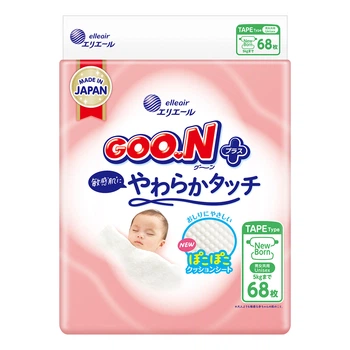 Подгузники Goo.N Plus для новорожденных размер NB до 5 кг 68 шт японские гипоаллергенные с увлажняющим лосьоном и коллагеном для нежной кожи малыша