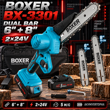 Аккумуляторная цепная мини-пила 6 и 8 дюймов BOXER BX-3301 2x24 В ручная электропила 5 м/с с 2 батареями для обрезки веток распила древесины сада дров