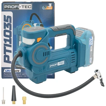 Акумуляторний автомобільний компресор PROFI-TEC PTI1035 (20 В, щітковий двигун, 10.3 Бар, 35л/хв, шланг 25 см) каркас коробка (008326)