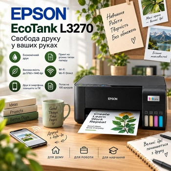 Струменевий кольоровий БФП Epson з вбудованим СБПЧ та з Wi-Fi EcoTank L3270 принтер сканер ксерокс для дому
