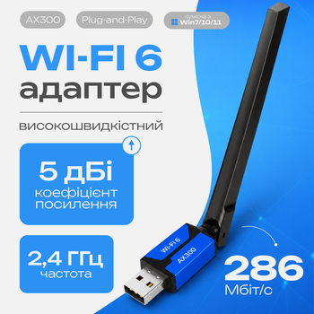Wi‑Fi адаптер USB бездротовий Wi‑Fi 6 AX300 однодіапазонний 2,4 ГГц до 286 Мбіт/с із поворотною антеною 5 dBi, режими приймача та точки доступу AP, Plug-and-Play для ПК Windows 7/10/11