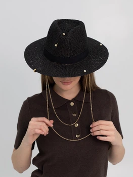 Шляпа Федора женская D.Hats из рафия с двойной цепью золото черная