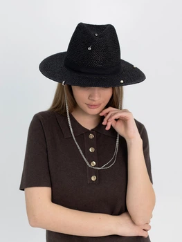 Шляпа Федора женская D.Hats из рафия с двойной цепью серебро черная