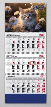 Календар настінний квартальний на 2027 рік на 3 пружини - "Котик"
