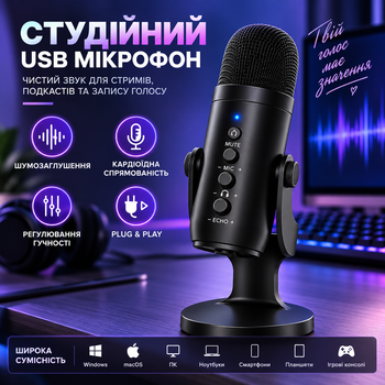 Профессиональный студийный микрофон для блогера, настольный USB микрофон с шумоподавлением для ПК, телефона, стримов и подкастов