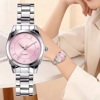 Женские кварцевые часы круглой формы (Silver-Pink)