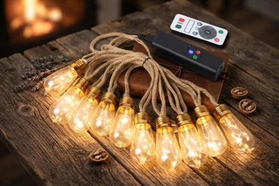 Декоративная LED гирлянда "Ретро лампочки" +пульт+POWER BANK для улицы и дома (таймер, 8 режимов)