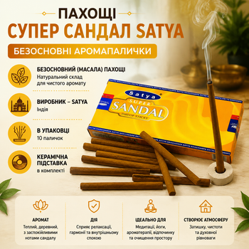 Благовоние Супер Сандал Satya безосновные аромапалочки 10 шт 20486
