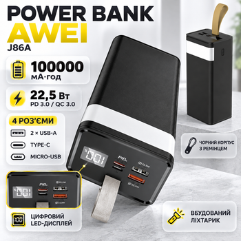 Павербанк AWEI J86A 100000 мАг 22.5 Вт, Power Bank зі швидкою зарядкою PD/QC, LED-дисплеєм і великою ємністю