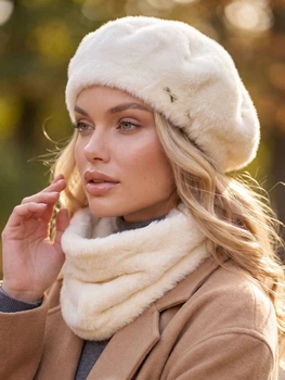 Женский комплект Alpaca берет + бафф молочный