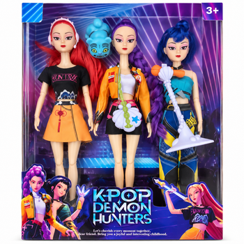 Набор из 3 кукол K-Pop Demon Hunters Руми, Мира и Зои с Дерпи (Derpy) — шарнирные поющие охотницы на демонов кей-поп.
