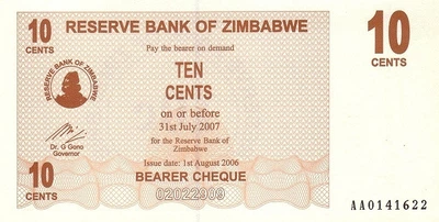 10 Центів Cents 2006-2008 рр Банкнота Зімбабве Африка UNC P-35