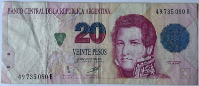 20 Песо Pesos 1991-1997 рік Банкнота Аргентина Південна Америка P-343