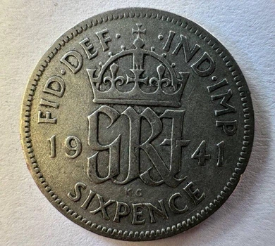 Велика Британія 1941 рік 6 пенсів 2,83 грам срібло 500 Монети світу