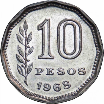 Аргентина 10 песо 1968 рік Монети світу