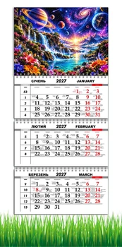 Календар настінний квартальний на 2027 рік на три пружини , Apriori , Квіти, Космос , Водоспад , 29,7х61см