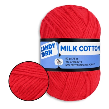Пряжа Candy-Yarn Milk Cotton Красный №20, хлопок с молочным акрилом для вязания, мягкая детская пряжа 50г/100м для вязания игрушек и одежды