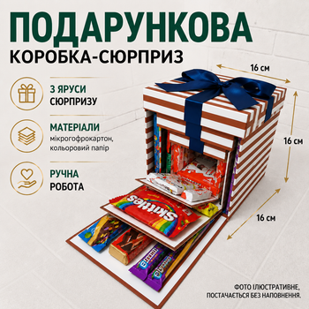 Подарункова розкладна коробка сюрприз 3-рівнева для фото, солодощів та подарунку, коробка трансформер 16х16х16 см смугаста