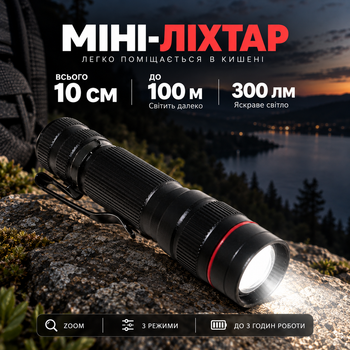 Фонарик ручной B-PLUS-WJ аккумуляторный карманный 300 лм, XPE LED, Zoom, до 100 м, 3 режима