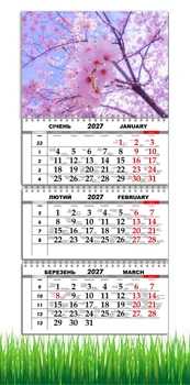 Календарь настенный квартальный на 2027 год на три пружины, Apriori , Цветы, Сакура, Природа , 29,7х61см
