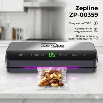 Вакуумний пакувальник Zepline ZP-00359 200Вт Побутовий автоматичний вакууматор для харчових продуктів з LED дисплеєм Вакууматор із пакувальником 20 пакетів Вакуумні пакети для їжі
