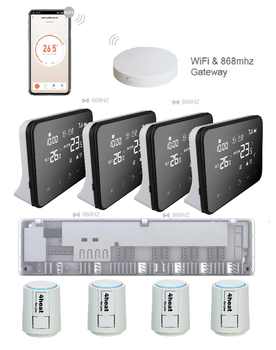 Беспроводное WiFi управление отоплением на 4 зоны 4HEAT | HR-03RF + EGW01 + WT-20 (4шт) + Привод ATR (4шт)