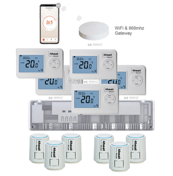 Бездротове Wi-Fi керування водяною підлогою 5 зон 4HEAT | HR-03RF + EGW01 + WT-02 (5 шт.) + Привод ATR (6 шт.)