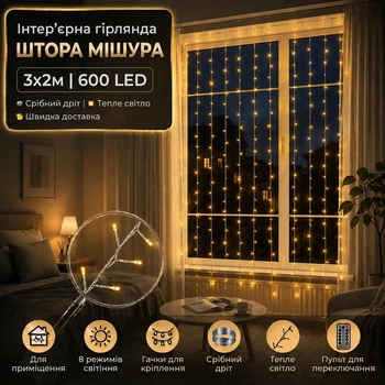 Світлодіодна гірлянда Штора Мішура 3х2м 10 ниток з пультом 600 LED Тепле біле світло Срібний дріт