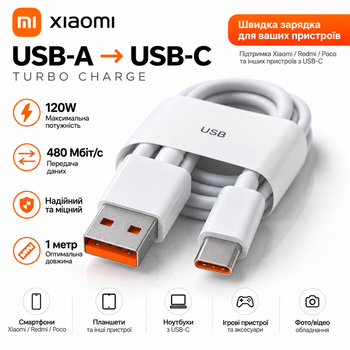 Кабель Xiaomi USB на Type-C Mi Turbo Charge 120W 90W 67W 33W для Xiaomi Redmi Poco 1м Білий