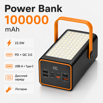 Повербанк Power Bank 100000 mAh 22.5W чорний — зовнішній акумулятор Fast Charge PD QC 3.0 з дисплеєм, USB та Type-C