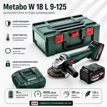Акумуляторна кутова шліфувальна машина Metabo W 18 L 9-125 8500 /хв 125 mm (602247510)