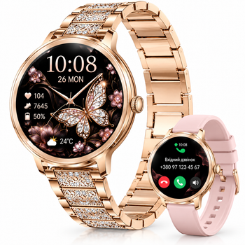 Розумний елегантний жіночий смарт-годинник 1.32″ AMOLED 466×466, IP67, Bluetooth 5.0, 2 ремінці