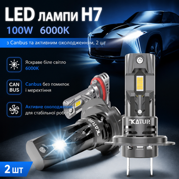 LED лампы H7 100W 6000K с Canbus и активным охлаждением, 2 шт