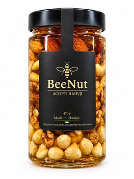 Асорті горіхів у меді BeeNut 470 г (Фундук, Кеш’ю, Мигдаль, Волоський горіх)