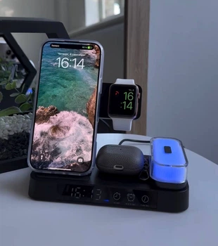 Бездротова зарядка для телефонів iPhone, годинників Apple Watch, навушників Airpods, Galaxy Buds, 5 в 1 Безпровідна Зарядна Док-станція з RGB нічником