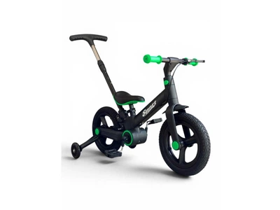 Велосипед-біговел дитячий Sport Color 3 в 1 12" з батьківською ручкою складною конструкцією педалями підніжкою та ручним гальмом від 2 років до 40 кг чорно-зелений