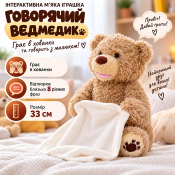 М'яка дитяча інтерактивна іграшка говорячий ведмедик що грає в хованки 33 см