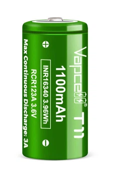 Аккумулятор 16340/CR123 Li-Ion Vapcell T11 Button Top, 1100mAh, 3A, 4.2/3.6/2.5V, Green