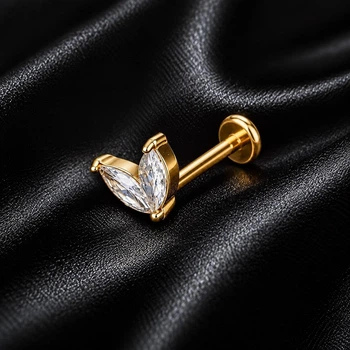 Сережка лабрет для вуха «Золотисті листочки» Asteel 6 мм