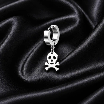 Серьга-кольцо серебристая Asteel с подвеской череп и кости медицинская сталь