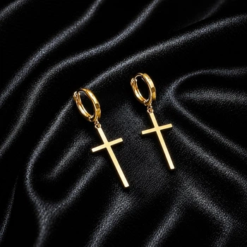 Сережки-кільця (конго) з підвісками «Хрестики» Asteel гладкі золотисті унісекс 1 пара 6 мм