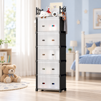 Комод дитячий пластиковий WFB06D (42x29x170 см), високий вузький збірний шафа-органайзер з 5 шухлядами та верхньою полицею