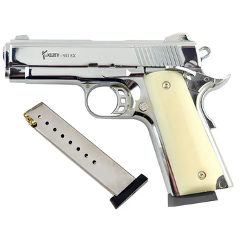 Стартовый пистолет Kuzey 911 SX shiny chrome, белые ручки, с доп. магазином (Colt 1911)