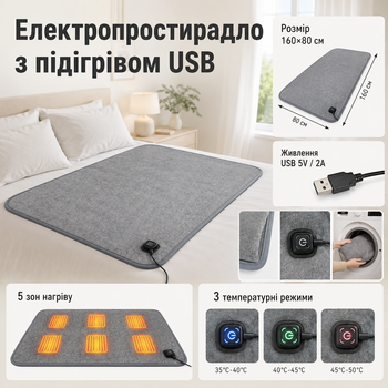 Электропростынь с подогревом USB 160×80 см серая – электроплед от павербанка с 3 режимами нагрева